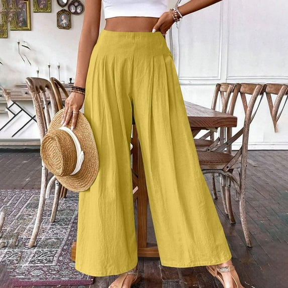 Fartey Women's Wide Leg Cotton Linen Pants High Waist Tummy Control Casual Yoga Pants Summer Solid Color Palazzo Lounge Trousers with Pockets,Yellow,S-2XL