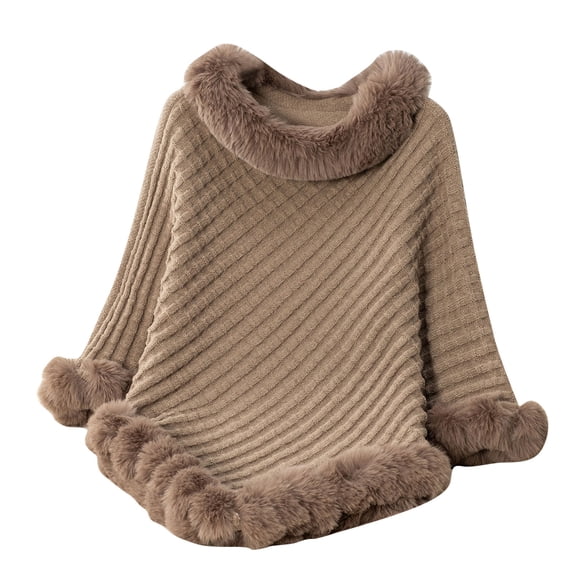 Fartey Women's Winter Faux Fur Cape Poncho Asymmetrical Chunky Knit Shawl Wrap Coat Oversized Striped Pullover Tops Fashion Warm Soft Cloak