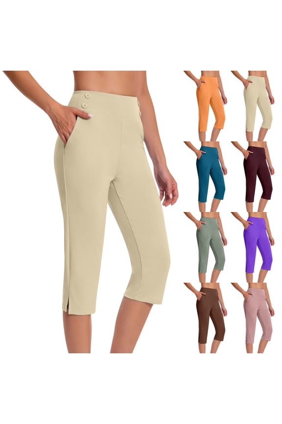 Women's Work Capri Pants Plus Size High Waisted Tummy Control Golf Capris Stretchy Business Casual Crop Trousers with Pockets Army Green L