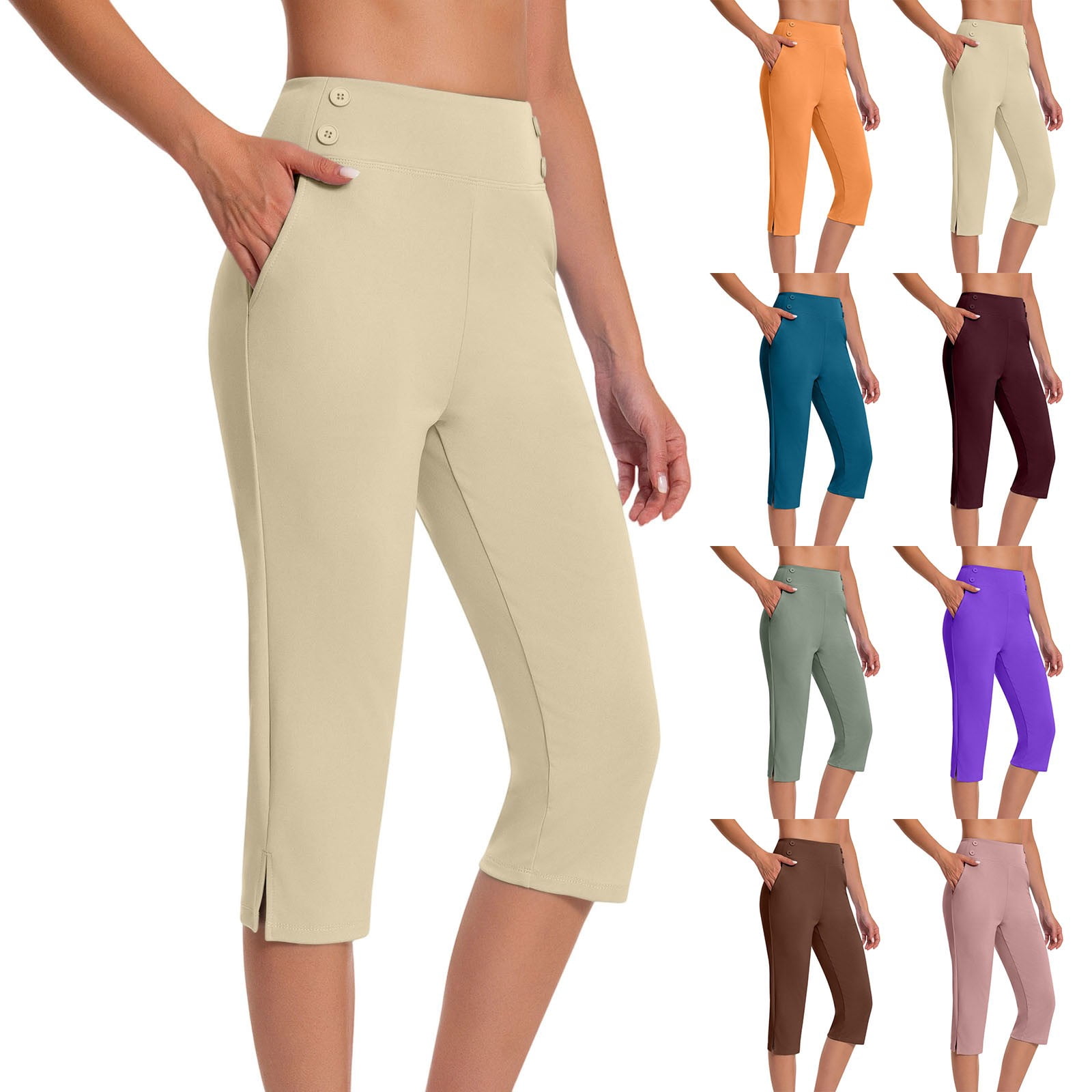 Fartey Women's Work Capri Pants Plus Size High Waisted Tummy Control ...