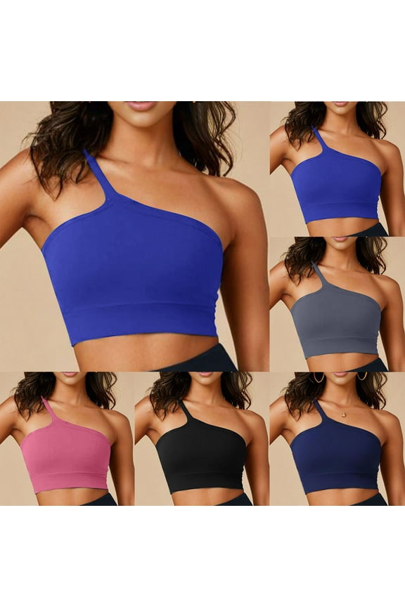 Women's Workout Sports Bras One Shoulder Asymmetrical Bra Full Coverage Gathering Bras Solid Color Gym Workout Yoga Bra Blue M