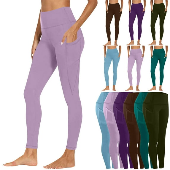 Fartey Women's Yoga Leggings with Pockets Soft Stretchy High Waisted Tummy Control Workout Pants Slim Fit Solid Color Running Leggings Purple L