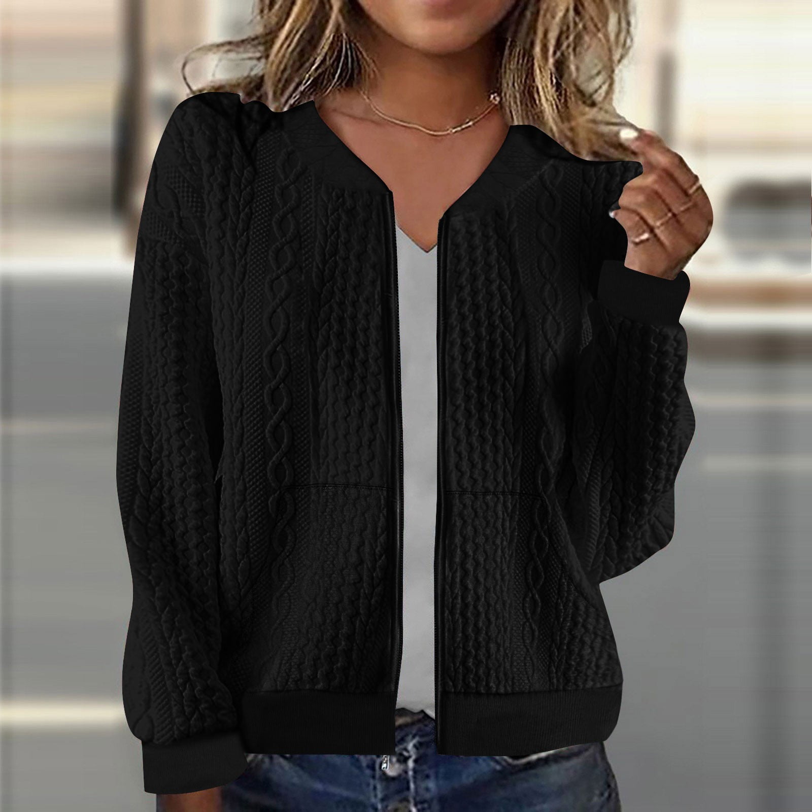 Fartey Women's Zip Up Cardigan Sweater Knit Cable Long Sleeve Jackets Soft Comfy Crewneck Casual Cardigans Fashion Simple Solid Color Coat Black L