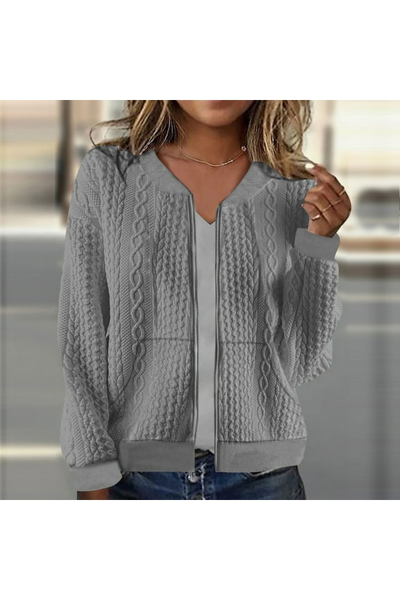 Women's Zip Up Cardigan Sweater Knit Cable Long Sleeve Jackets Soft Comfy Crewneck Casual Cardigans Fashion Simple Solid Color Coat Gray S