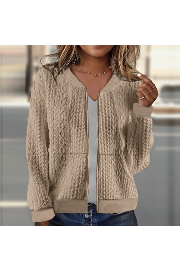 Women's Zip Up Cardigan Sweater Knit Cable Long Sleeve Jackets Soft Comfy Crewneck Casual Cardigans Fashion Simple Solid Color Coat Khaki XL