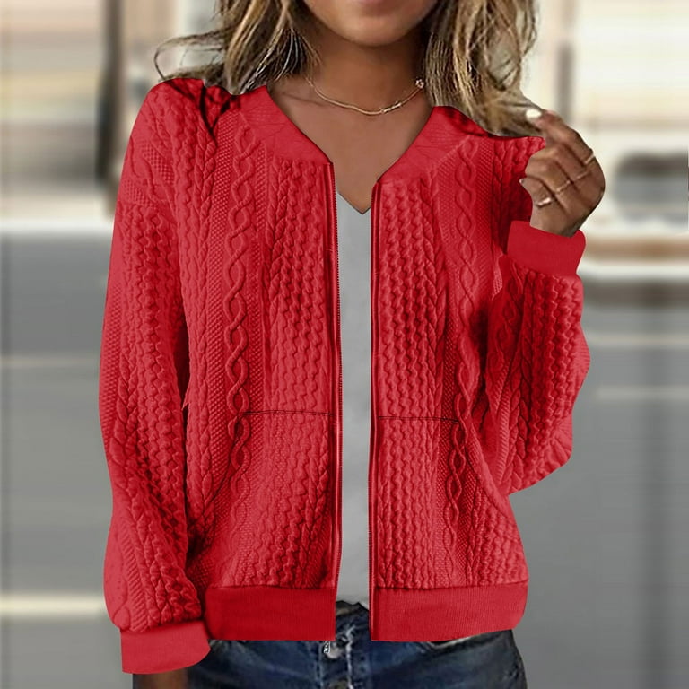 Fartey Women s Zip Up Cardigan Sweater Knit Cable Long Sleeve Jackets Soft Comfy Crewneck Casual Cardigans Fashion Simple Solid Color Coat Red M