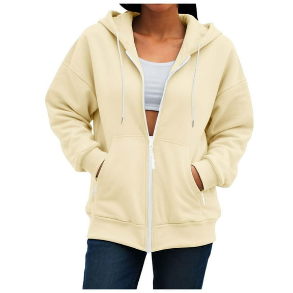 Fartey Women's Zip Up Hoodies Oversized Long Sleeve Hooded Jackets Loose Lightweight Fall Winter Pullover Sweatshirts with Pockets Beige M