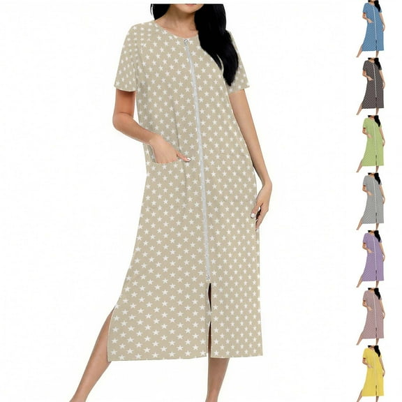 Fartey Women's Zip Up Housecoat Soft Comfy Short Sleeve Nightgown Funny Stars Graphic Nightdress Full Length Loungewear with Pockets Purple 2XL