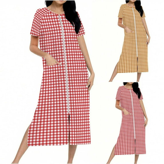 Fartey Women's Zipper Front Short Sleeve Nightgown Trendy Plaid Print Nightdress Loose Fit Long House Coat Soft Comfy Crew Neck Loungewear with Pockets Yellow 2XL