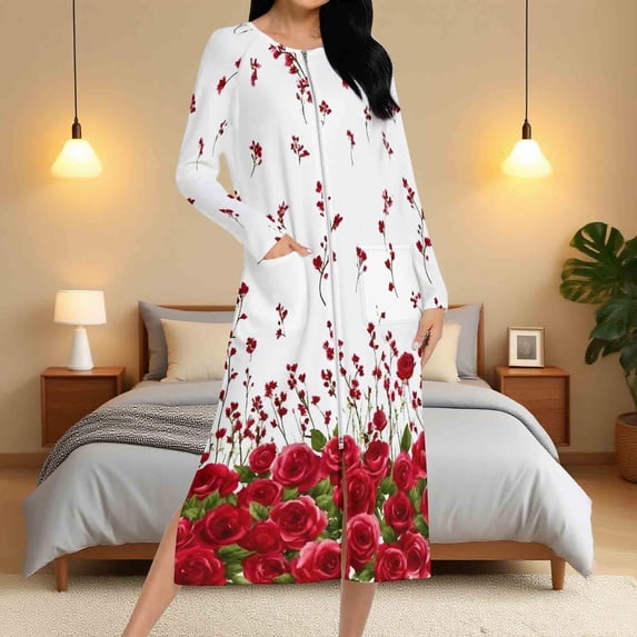 Fartey Women's Zipper Robes Long Sleeve Housecoats Full Length House Dress Vintage Flowers Graphic Nightgown Lightweight Comfy Loungewear with Pockets Multicolor 2XL