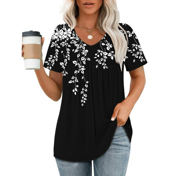 Fartey Womens 2025 Boho Floral Print Tunic Tops Elegant Pleated V-Neck Short Sleeve Blouses Dressy Casual Summer Tshirt Loose Comfy Beach Vacation T Shirts Black S-2XL