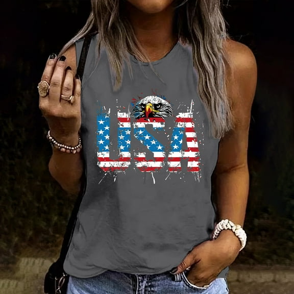 Fartey Womens 4th of July Patriotic Tank Tops USA American Flag Print Shirts Cotton Sleeveless Crew Neck Tshirt Slim Fit Summer Tees Memorial Day Tops Gray M