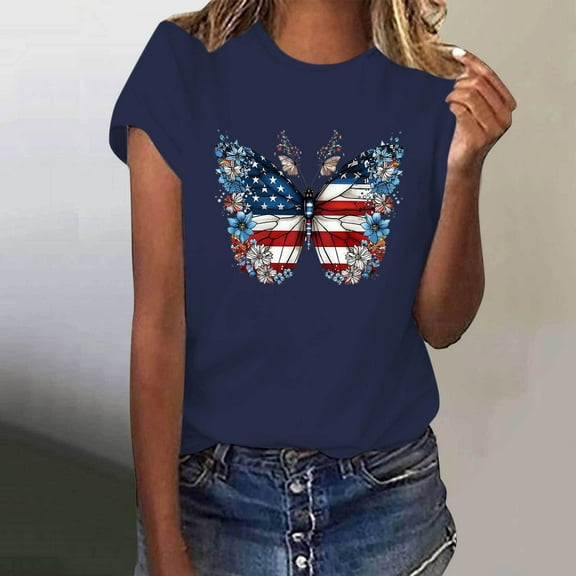 Fartey Womens 4th of July Shirts Red White and Blue Butterfly Graphic Tees Independence Day Patriotic Tops Dressy Casual Short Sleeve Crew Neck Holiday T Shirts Navy XXL