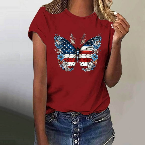 Fartey Womens 4th of July Shirts Red White and Blue Butterfly Graphic Tees Independence Day Patriotic Tops Dressy Casual Short Sleeve Crew Neck Holiday T Shirts Red XL
