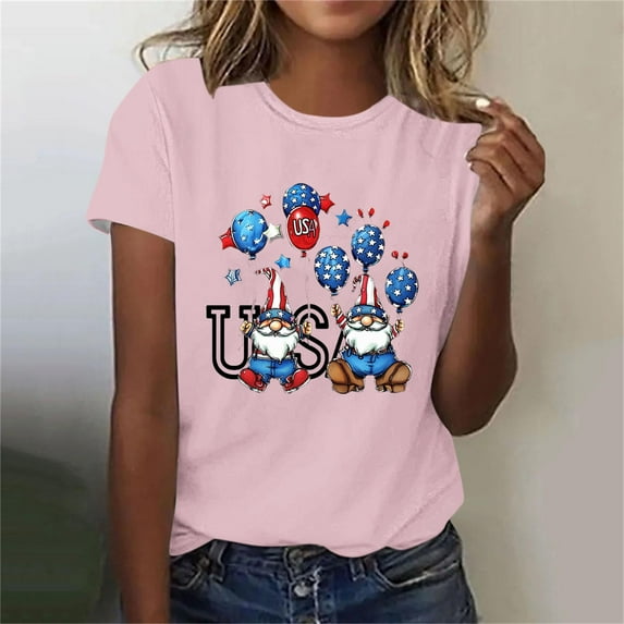 Fartey Womens 4th of July T Shirts Patriotic Short Sleeve Shirt Cute Gnome Print Tees Dressy Casual Independence Day Tshirts Soft Stretch Crewneck Festival Tops Pink XXL