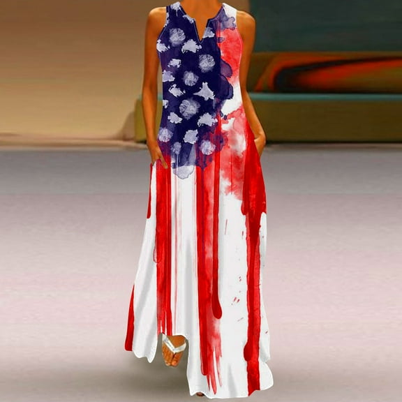 Fartey Womens American Flag Max Dress with Pockets 4th of July Patriotic Dresses Summer Sleeveless V Neck Tank Dresses Fashion Stars Stripe Print Sundress Red M