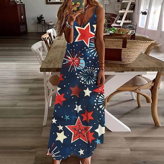 Fartey Womens American Flag Maxi Dress 4th of July Sleeveless Sndress Spaghetti Strap V Neck Dress Patriotic Stars Print Dresses Multicolor XXL