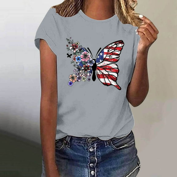 Fartey Womens American Flag Shirt Dressy Independence Day Short Sleeve Tops 4th of July Patriotic Tops Graphic Tees Loose Casual Going Out Blouses Gray L