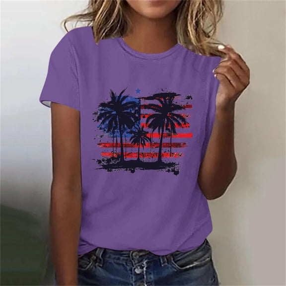 Fartey Womens American Flag Shirt Graphic Tees 4th of July Short Sleeve Tops Summer Short Sleeve Crew Neck Blouses Loose Casual Beach Vacation T-Shirts Purple S
