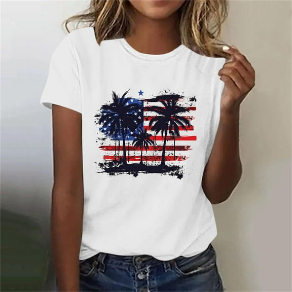 Fartey Womens American Flag Shirt Graphic Tees 4th of July Short Sleeve Tops Summer Short Sleeve Crew Neck Blouses Loose Casual Beach Vacation T-Shirts White S
