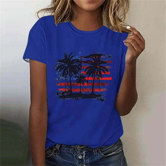 Fartey Womens American Flag Shirt Graphic Tees 4th of July Short Sleeve Tops Summer Short Sleeve Crew Neck Blouses Loose Casual Beach Vacation T-Shirts Blue S