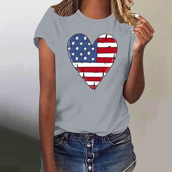 Fartey Womens American Flag Shirt Independence Day Patriotic T-Shirts Cute USA Flag Heart Graphic Tees 4th of July Short Sleeve Crew Neck Blouses Gifts Clothes Gray S