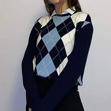 Fartey Womens Argyle Plaid Sweater Y2K V Neck Long Sleeve Pullover Sweaters Preppy Style Knitwear Soft Stretchy Fall Winter Knitted Sweaters