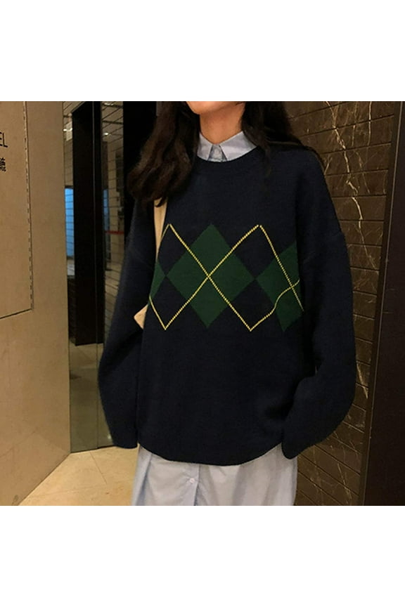 Womens Argyle Plaid Sweater Y2K V Neck Long Sleeve Pullover Sweaters Preppy Style Knitwear Soft Stretchy Fall Winter Knitted Sweaters