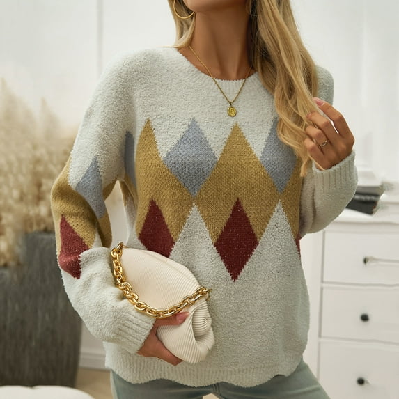Fartey Womens Argyle Print Knit Sweater Vintage Long Sleeve Crew Neck Knitted Pullover Sweaters Loose Casual Fall Winter Basic Jumper Sweaters