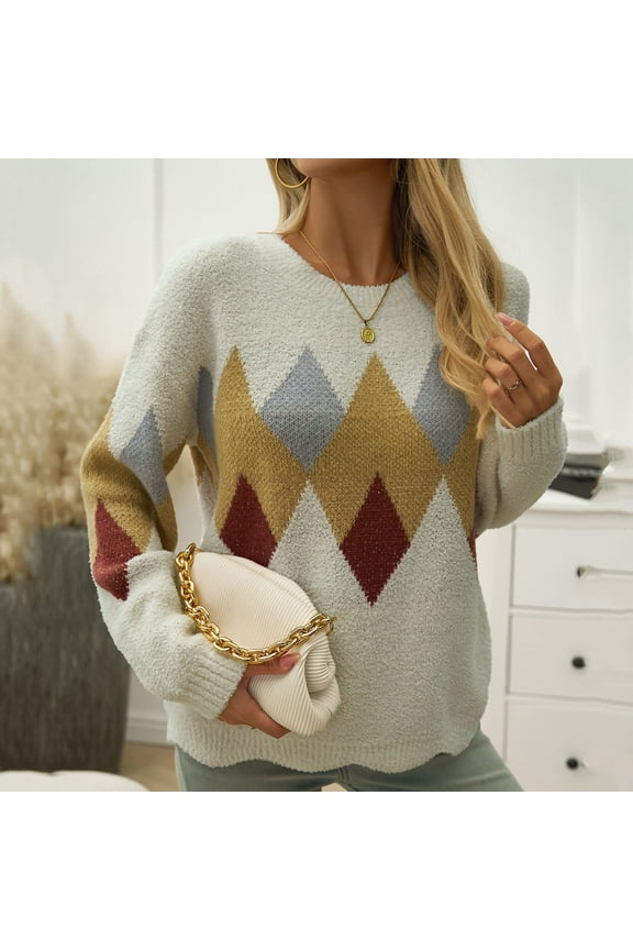 Womens Argyle Print Knit Sweater Vintage Long Sleeve Crew Neck Knitted Pullover Sweaters Loose Casual Fall Winter Basic Jumper Sweaters