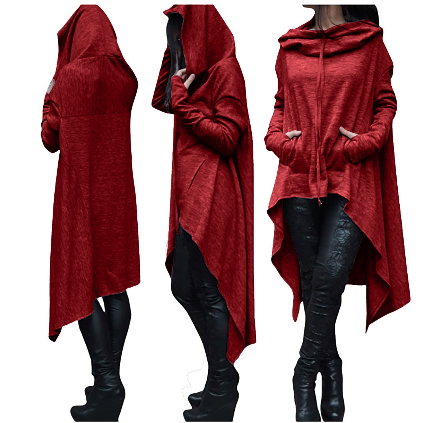Fartey Womens Asymmetrical Hem Hoodies Casual Irregular Long Sleeve Drawstring Hooded Sweatshirt Long Tunic Pullover Sweatshirts Wine 3XL