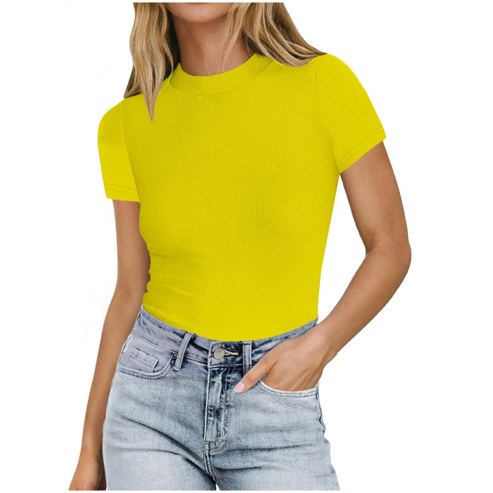 Rareism Women Tigo Light Yellow Cotton Lycra Fabric Short Sleeve Crew Neck Plain T-Shirt