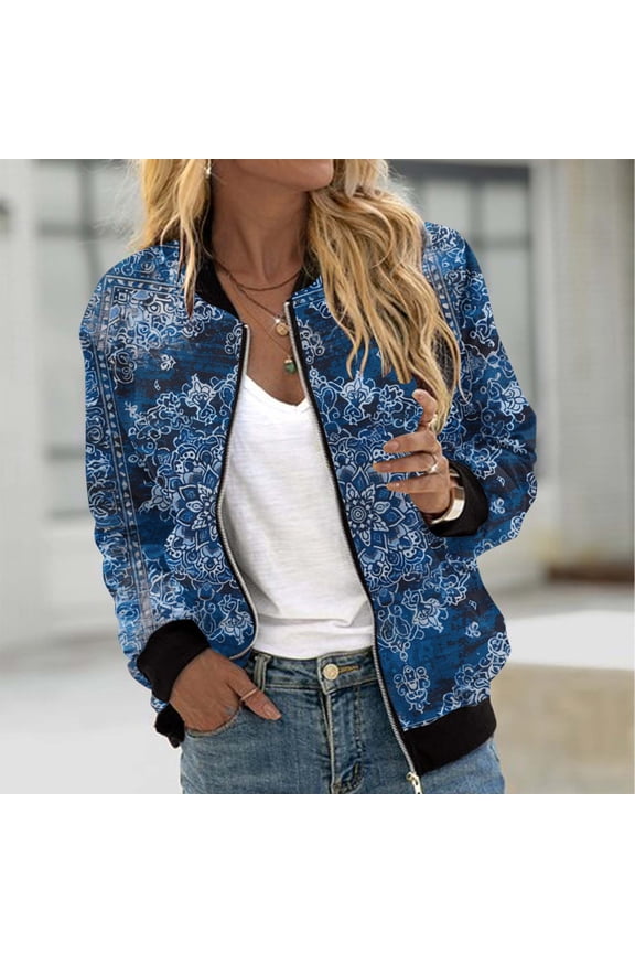 Womens Bomber Jacket Dressy Casual Full Zip Long Sleeve Coats Funny Print Coat Vintage Floral Print Jackets Loose Fit Falll Jackets with Pockets S-2XL