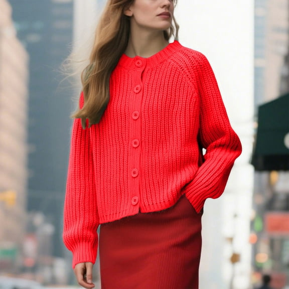 Fartey Womens Cardigan Sweaters Dressy Casual Button Down Crewneck Sweater Jacket Fashion Solid Color Long Sleeve Outwear Y2k Tops Red L