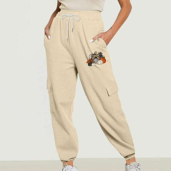 Fartey Womens Cargo Sweatpants Fashion Cinch Bottom Jogger Pants Casual Loose Drawstring High Waist Trousers with Pockets Cute Pumpkin Print Sweatpant Beige S