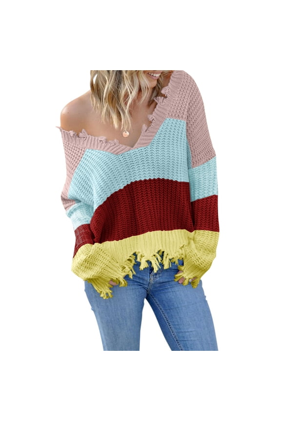 Womens Casual Patchwork V-Neck Sweater Tops