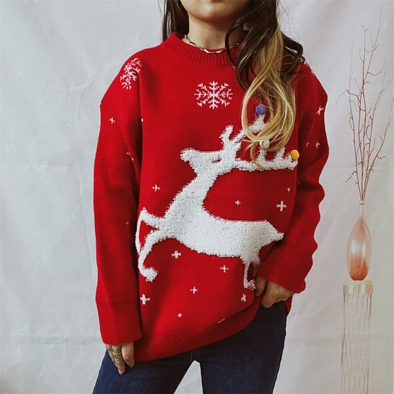 Fartey Womens Christmas Sweater Cute Reindeer Snowflake Print Knitwear Loose Fit Long Sleeve Crew Neck Knitted Pullover Sweater Dressy Casual Holiday Sweaters