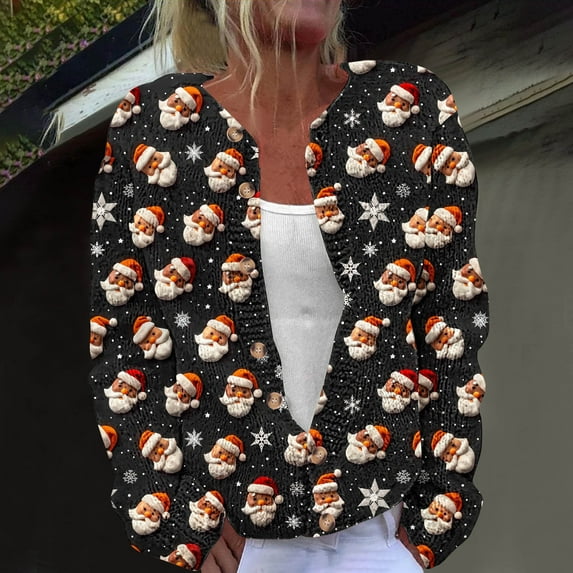 Fartey Womens Christmas Sweater Plus Size Xmas Printed Cardigans Oversized Long Sleeve Open Front Sweaters Fall Winter Button Up Knitted Coat S-5XL
