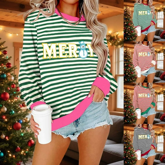 Fartey Womens Christmas Sweatshirt Fashion Striped Color Block Pullover Tops Funny Letter Printed Crewneck Sweatshirt Loose Casual Long Sleeve Drop Shoulder Sweatshirts Hot Pink M