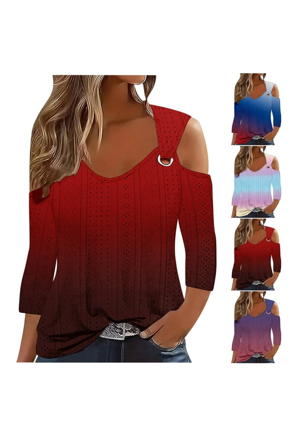Womens Cold Shoulder Eyelet Tops Plus Size 3/4 Sleeve Tunic Blouse Fashion Gradient V Neck Tshirts Dressy Casual Holiday Shirt Red S-5XL