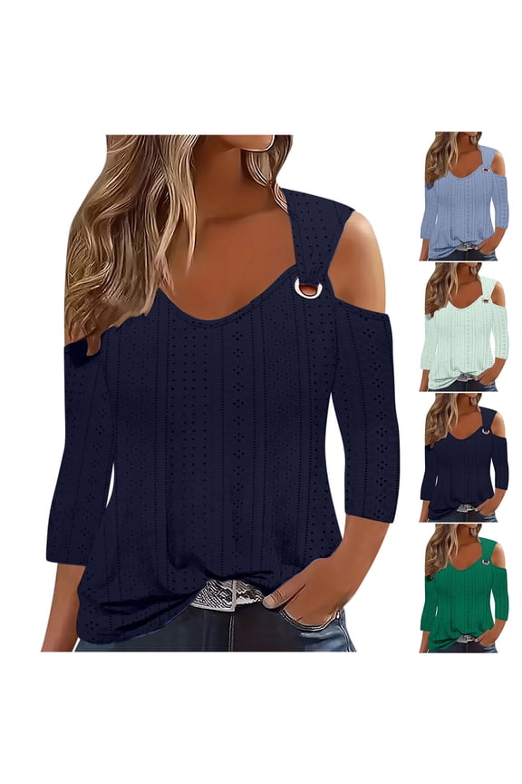 Womens Cold Shoulder Eyelet Tops Plus Size 3/4 Sleeve Tunic Blouse Solid Color V Neck Tshirts Dressy Elegant Trendy Work Shirts Green S-5XL