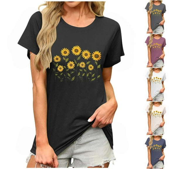 Fartey Womens Cotton Crew Neck Short Sleeve Shirts Loose Fit Summer Casual Tops Fashion Floral Graphic Tees Basic Going Out T-Shirt Dark Blue L