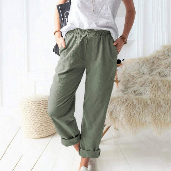 Fartey Womens Cotton Linen Pants Summer Solid Color Elastic High Waist Cuffed Pants Casual Loose Breathable Beach Holiday Trousers,Army Green,S-3XL