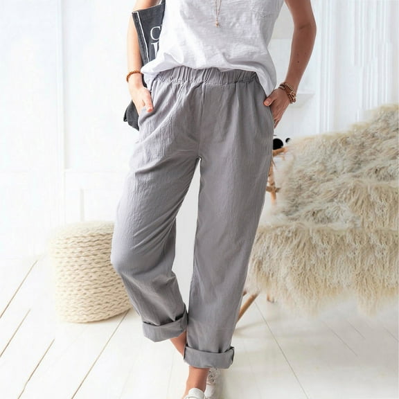 Fartey Womens Cotton Linen Pants Summer Solid Color Elastic High Waist Cuffed Pants Casual Loose Breathable Beach Holiday Trousers,Gray,S-3XL