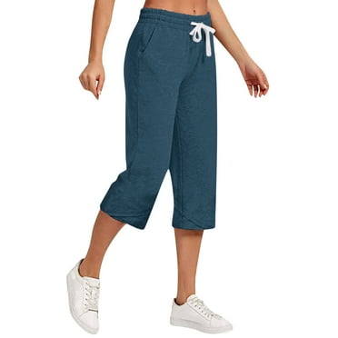Fartey Womens Cotton Linen Straight Leg Pants Drawstring Elastic High Waist Capris Casual Loose Solid Color Beach Holiday Capri Pants with Pockets