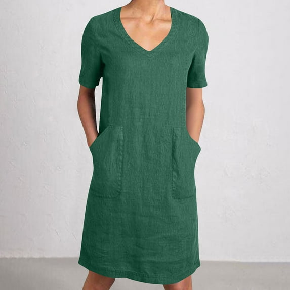 Fartey Womens Cotton Linen T Shirt Dresses Summer V Neck Short Sleeve Midi Dress with Pockets Loose Casual Solid Color Dresses Lightweight Beach Vacation Sundress Green L