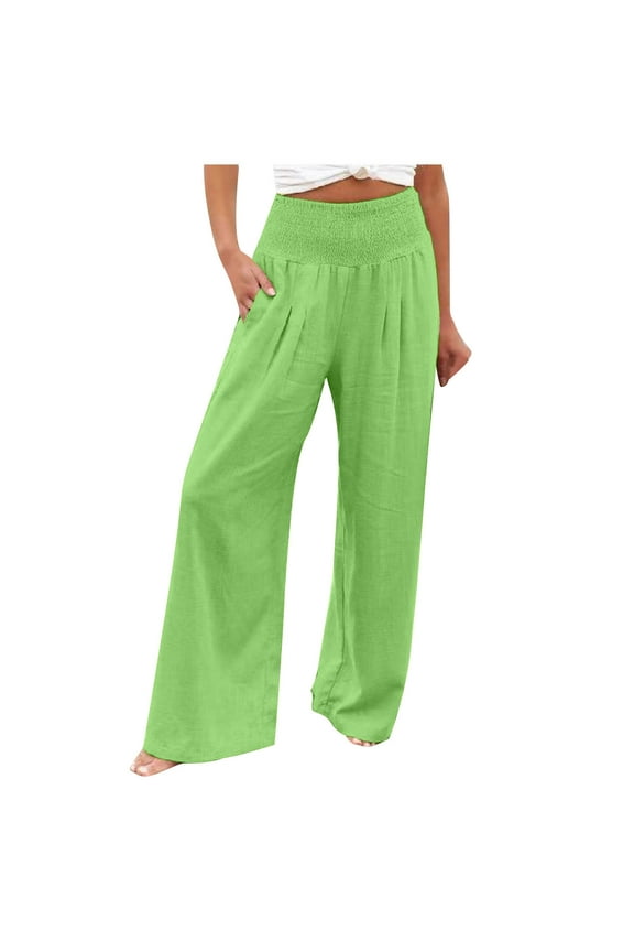 Womens Cotton Linen Wide Leg Pants Elastic High Wiast Tummy Control Yoga Pants Loose Flowy Solid Color Beach Travel Lounge Pants with Pockets,S