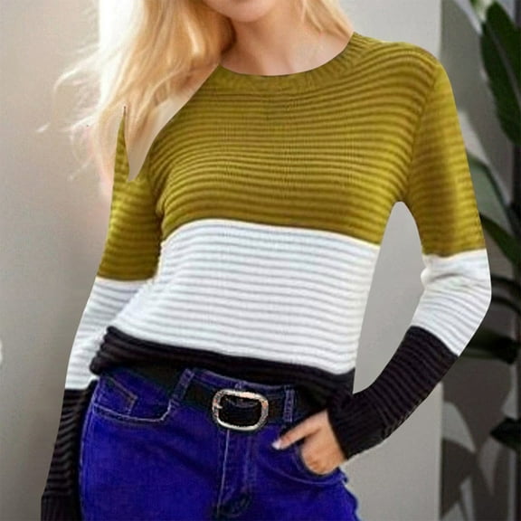 Fartey Womens Crew Neck Pullover Sweaters 2024 Trendy Casual Fall Winter Knit Sweater Slim Fit Long Sleeve Sweater Fashion Color Block Sweaters