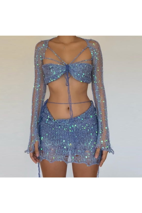Womens Crochet Knit 2 Piece Outfits Sexy Glitter Sequin Sets Long Sleeve Crop Tops and Mini Skirts Sets Fashion Y2K Club Suits