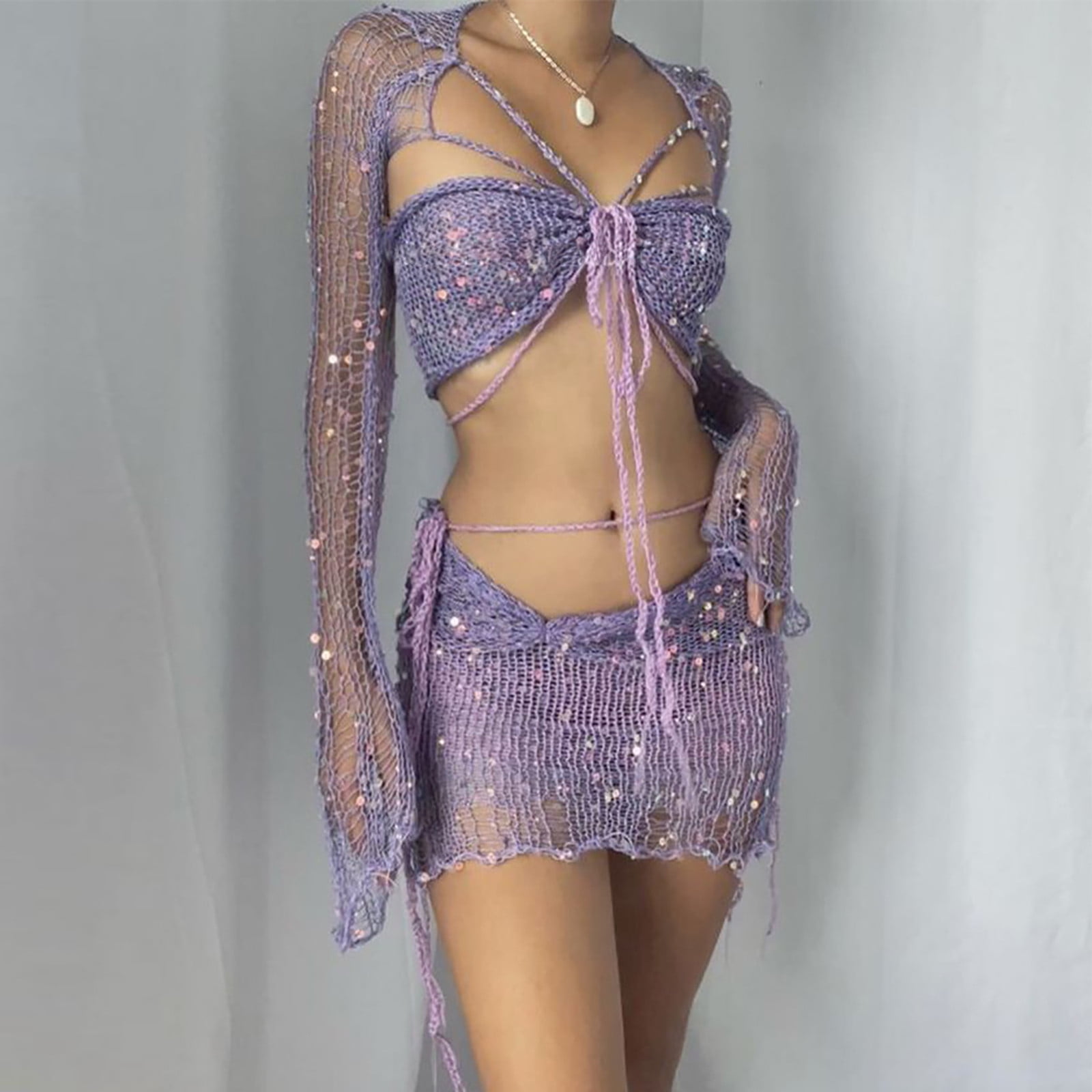 Fartey Womens Crochet Knit 2 Piece Outfits Sexy Glitter Sequin